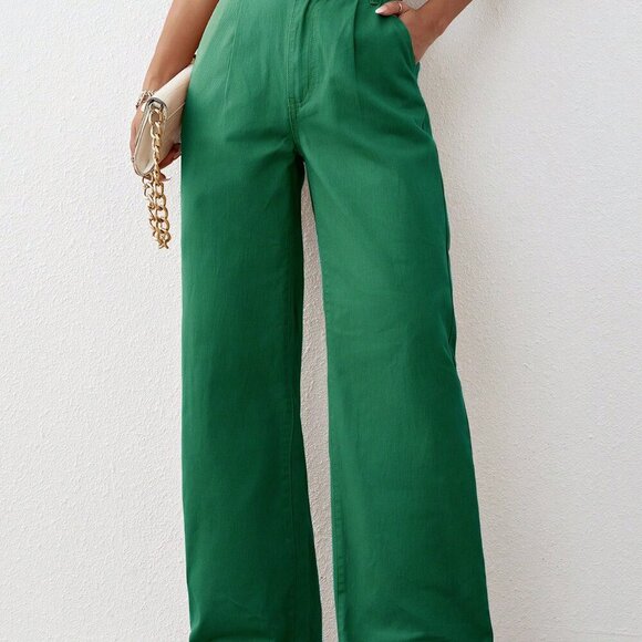 Dark Green Casual Women's High Waist Wide Leg Jeans - Picture 2 of 5